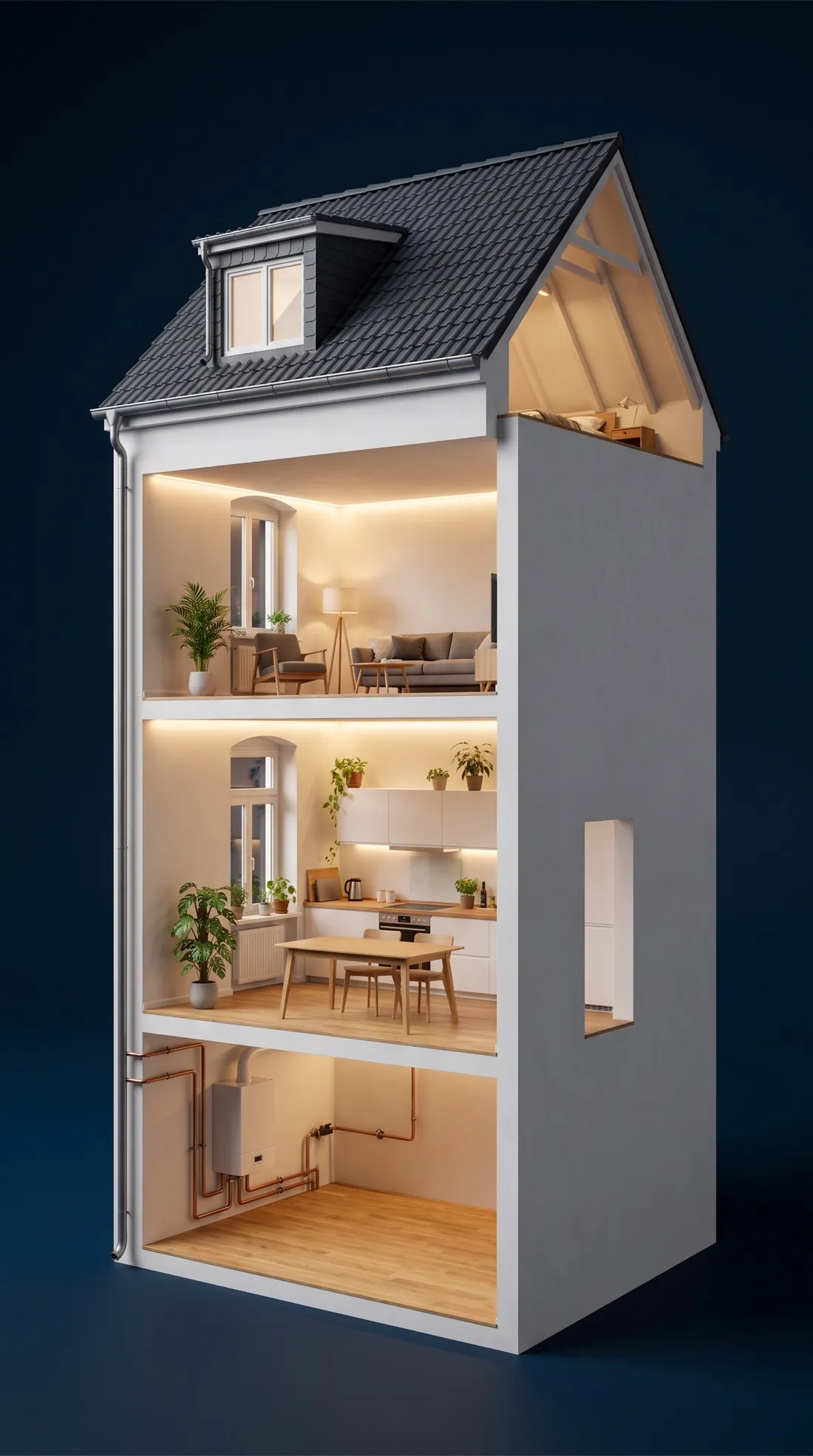 Aufgeschnittenes Haus mit sichtbaren Etagen und Heizungsraum